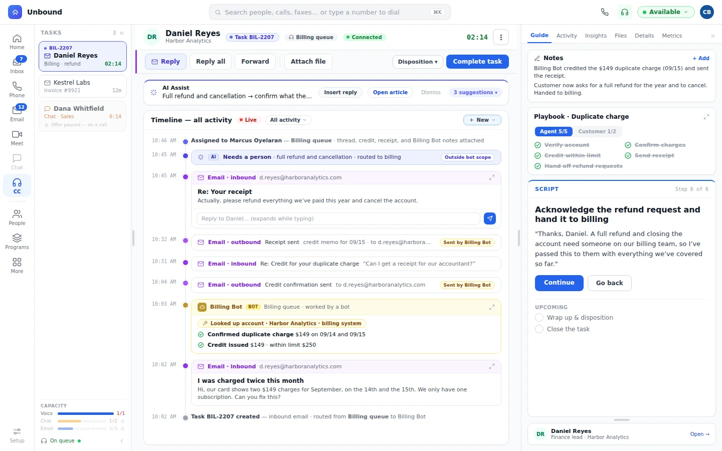 One billing task: the refund and cancellation request routed to a person, the receipt and credit the bot handled earlier, and its confirmation email