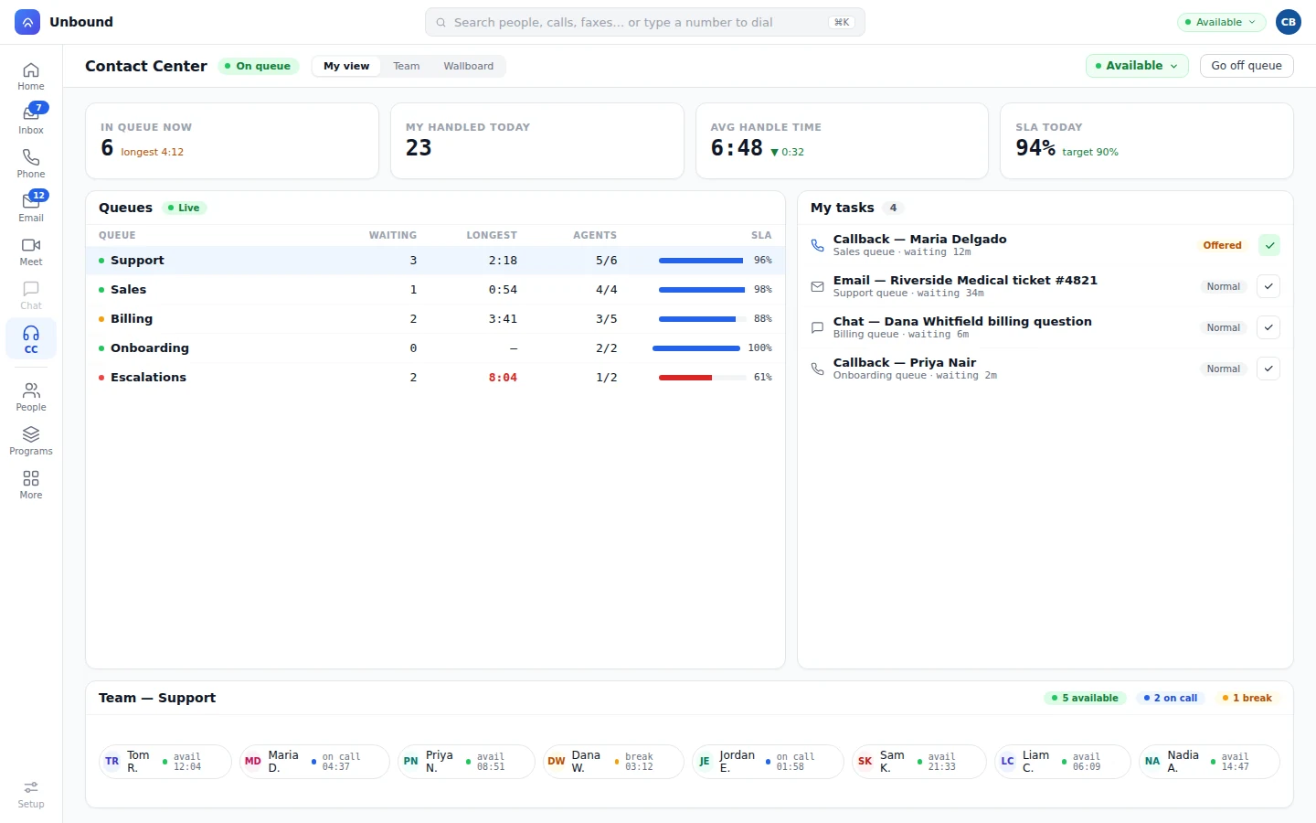 Task list with a callback, an email ticket, and a chat