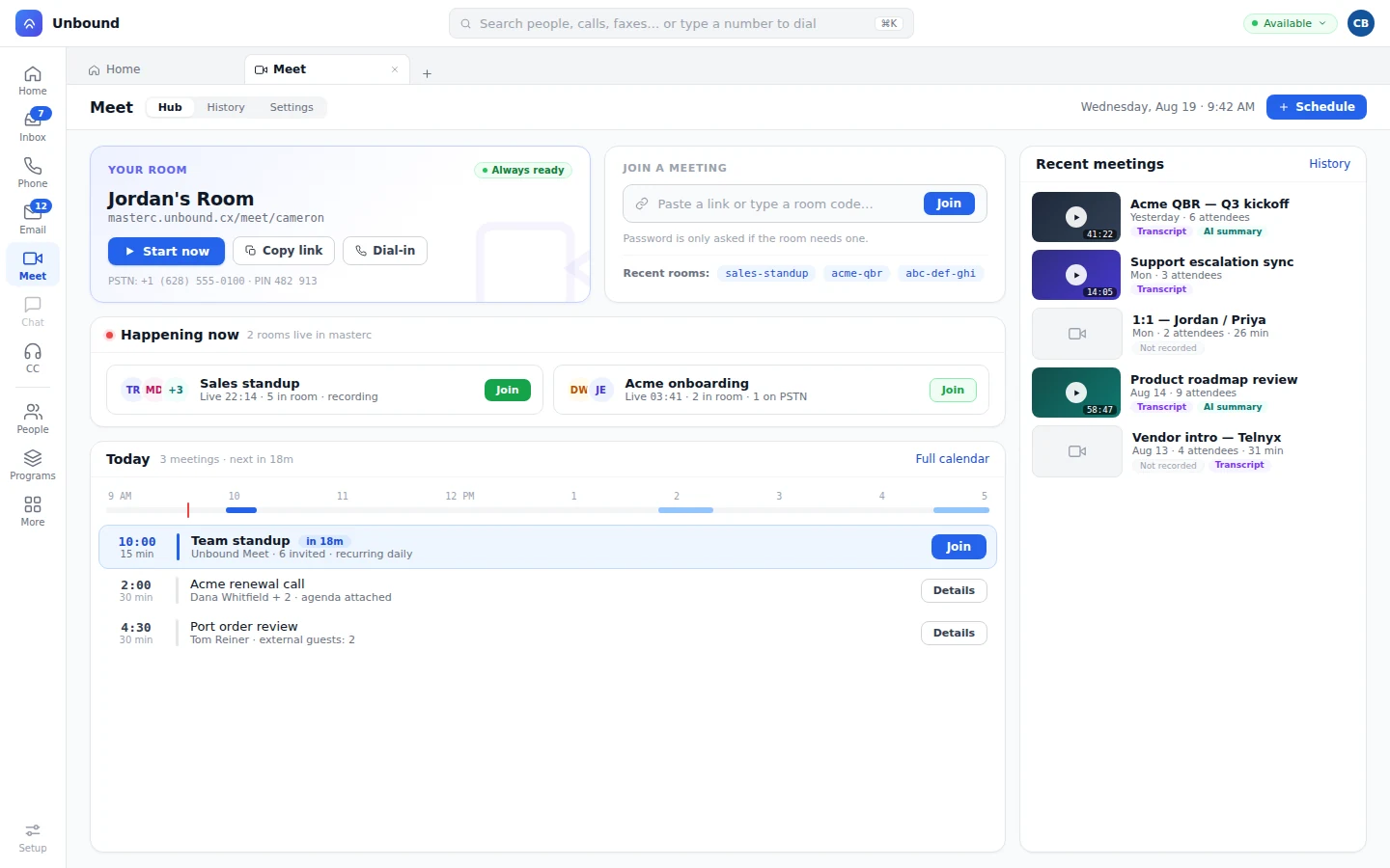 Meet hub with a personal room, live rooms, and recent meetings with transcripts and summaries