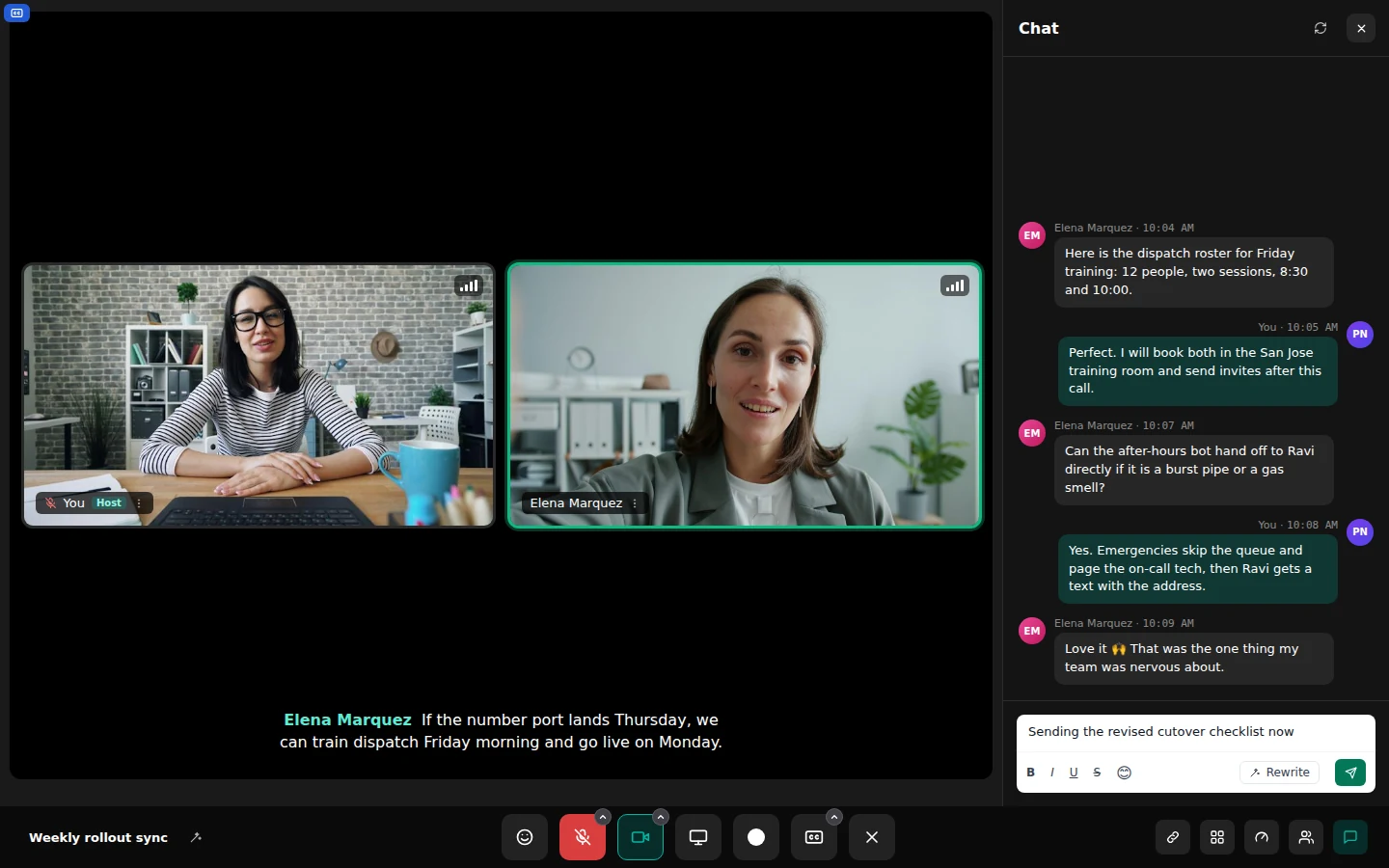 A two-person meeting with live captions and the chat rail open