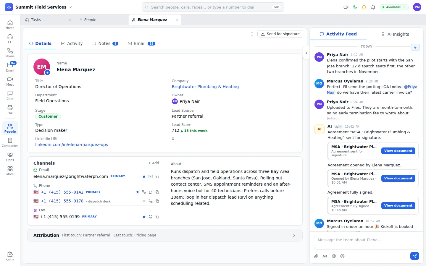 A person record with company, owner, lead source, and lead score