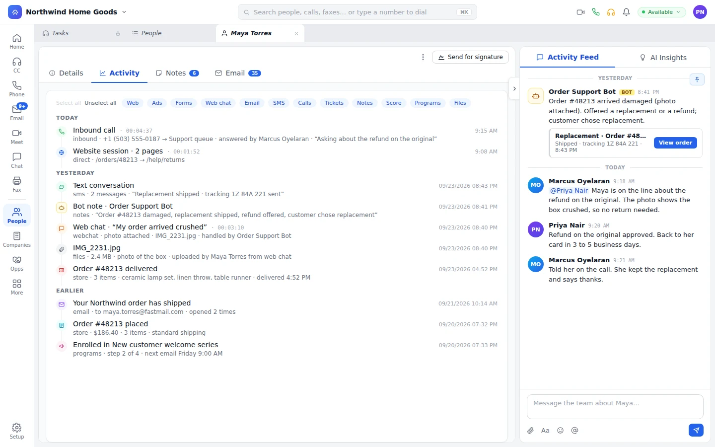 Maya Torres's activity: the morning call, and last night's text, bot note, and web chat