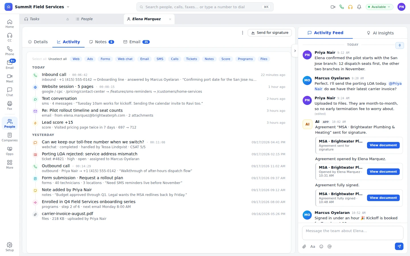 A person's activity timeline with calls, a web session, texts, email, score, and a form